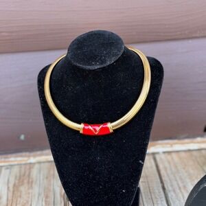 Vintage MONET Gold Tone Omega Tubogas Collar Necklace Red Enamel Statement 16"